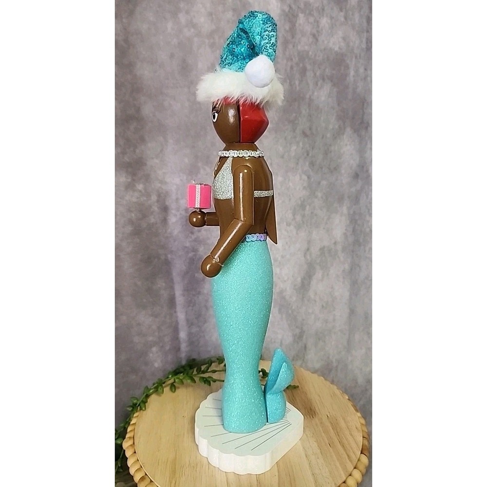 Mermaid Nutcracker African American Coastal Aqua Blue Santa Hat 15" Christmas - Picture 5 of 7